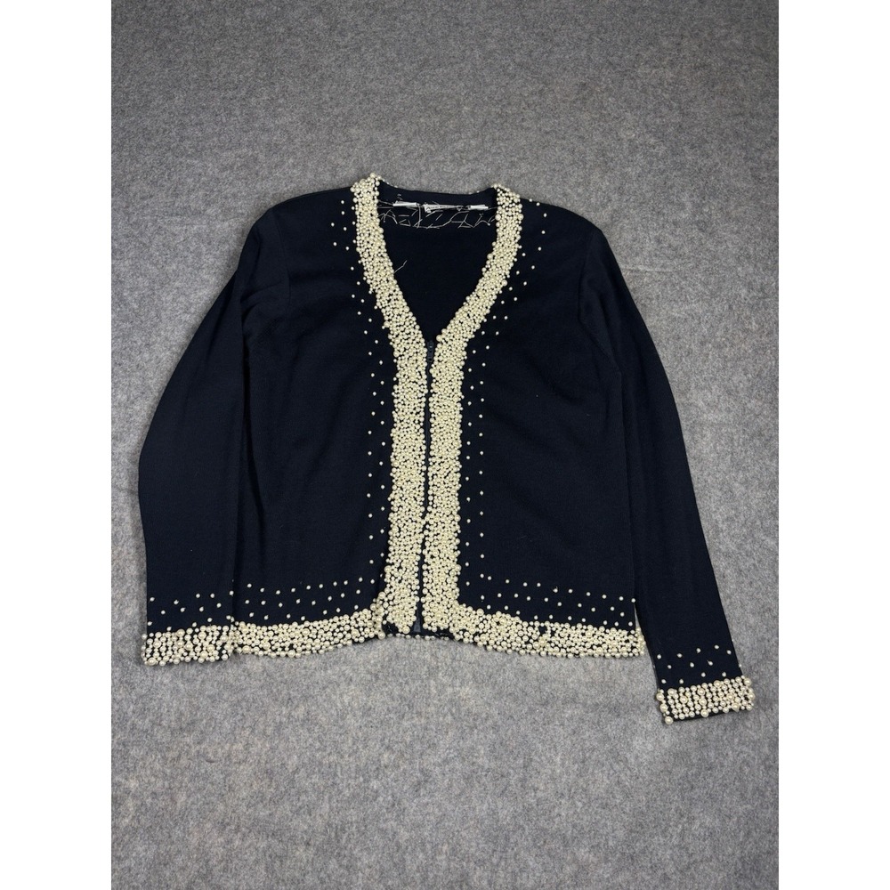 VTG‎ Anne Klein || Women's L Cardigan Sweater Navy Pearl Beaded Preppy Old Money